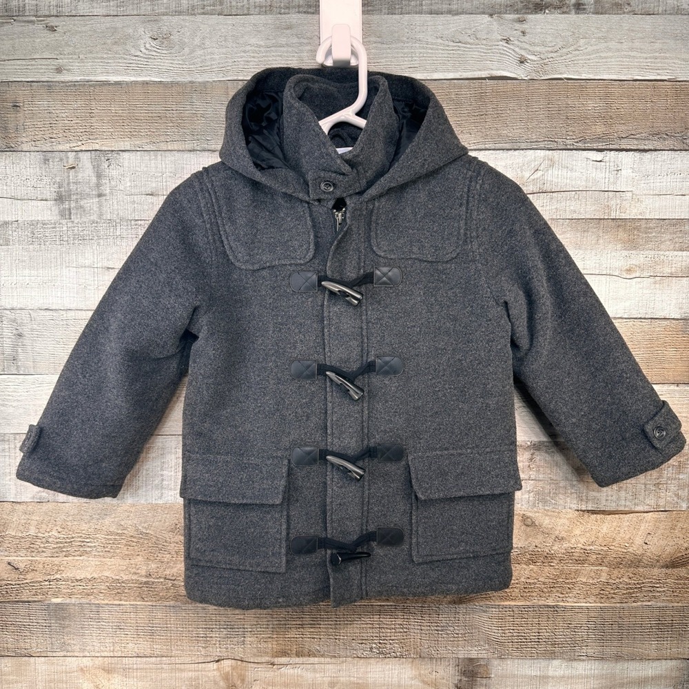 Janie and Jack Boys Gray Wool Blend Toggle Duffle Coat Hooded Jacket Size 4-5